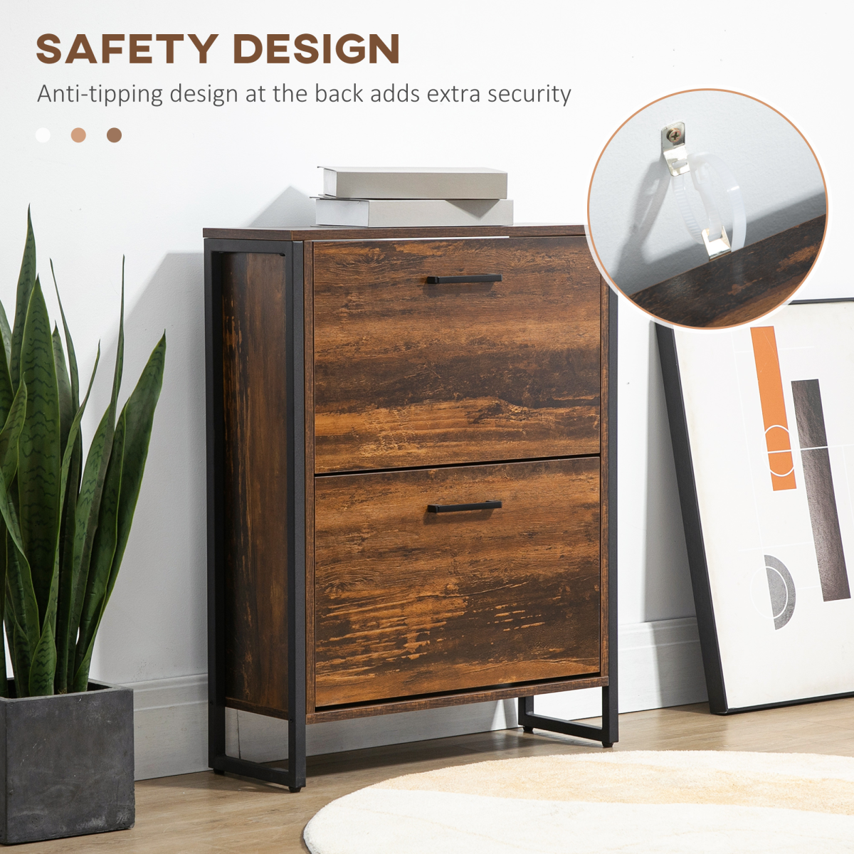 HOMCOM 2 Flip Door Shoe Cabinet with Internal Dividers – Slim Hallway Shoe Storage, Rustic Brown