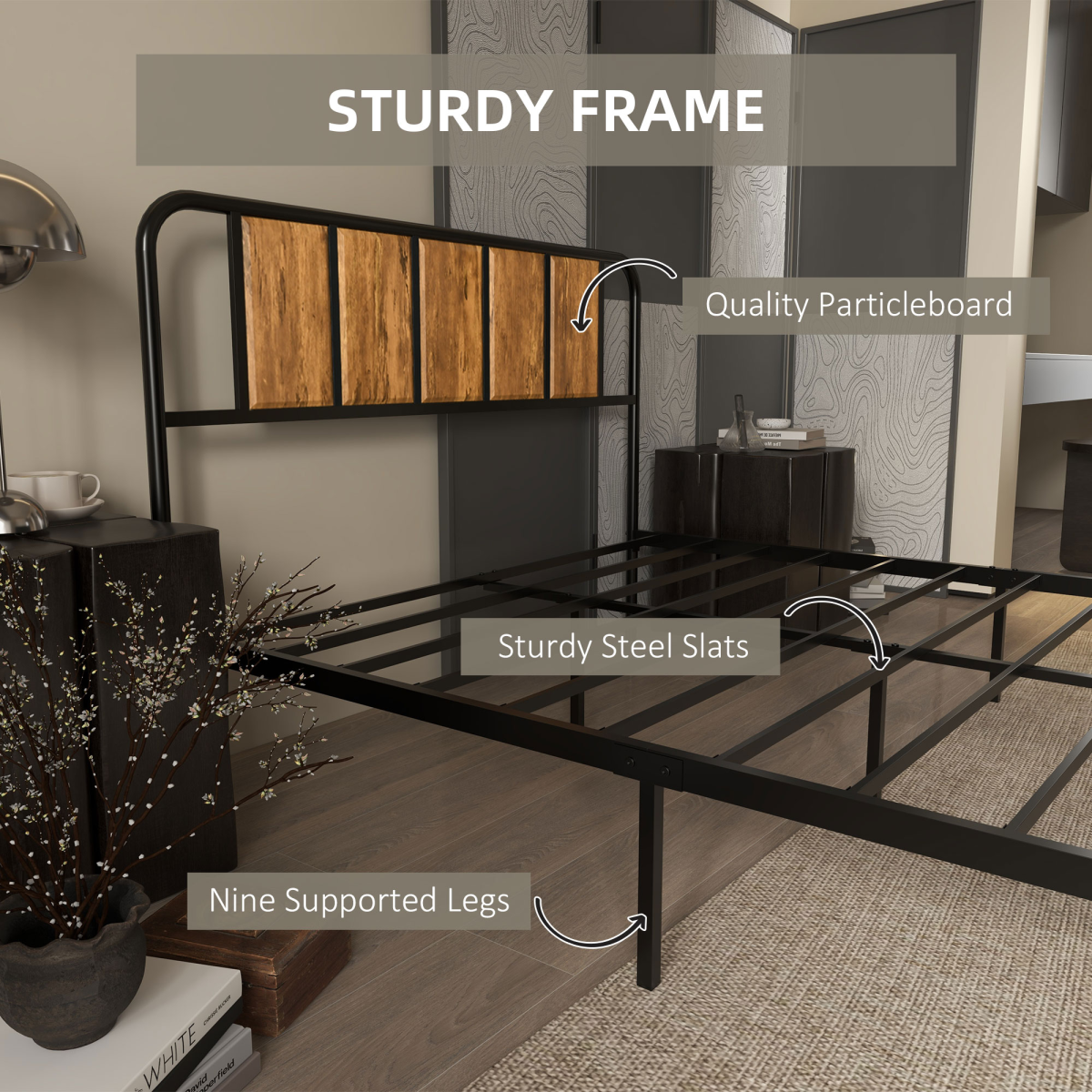 HOMCOM Retro Steel Double Bed Frame with Wood-Effect Headboard & Slatted Base, 145 x 199cm – Brown