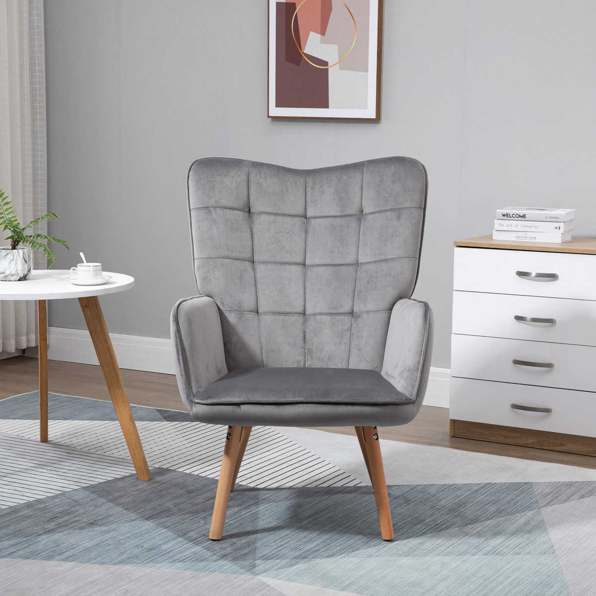 HOMCOM Velvet-Touch Tufted Wingback Accent Armchair with Wooden Legs – Living Room and Bedroom Chair, Grey