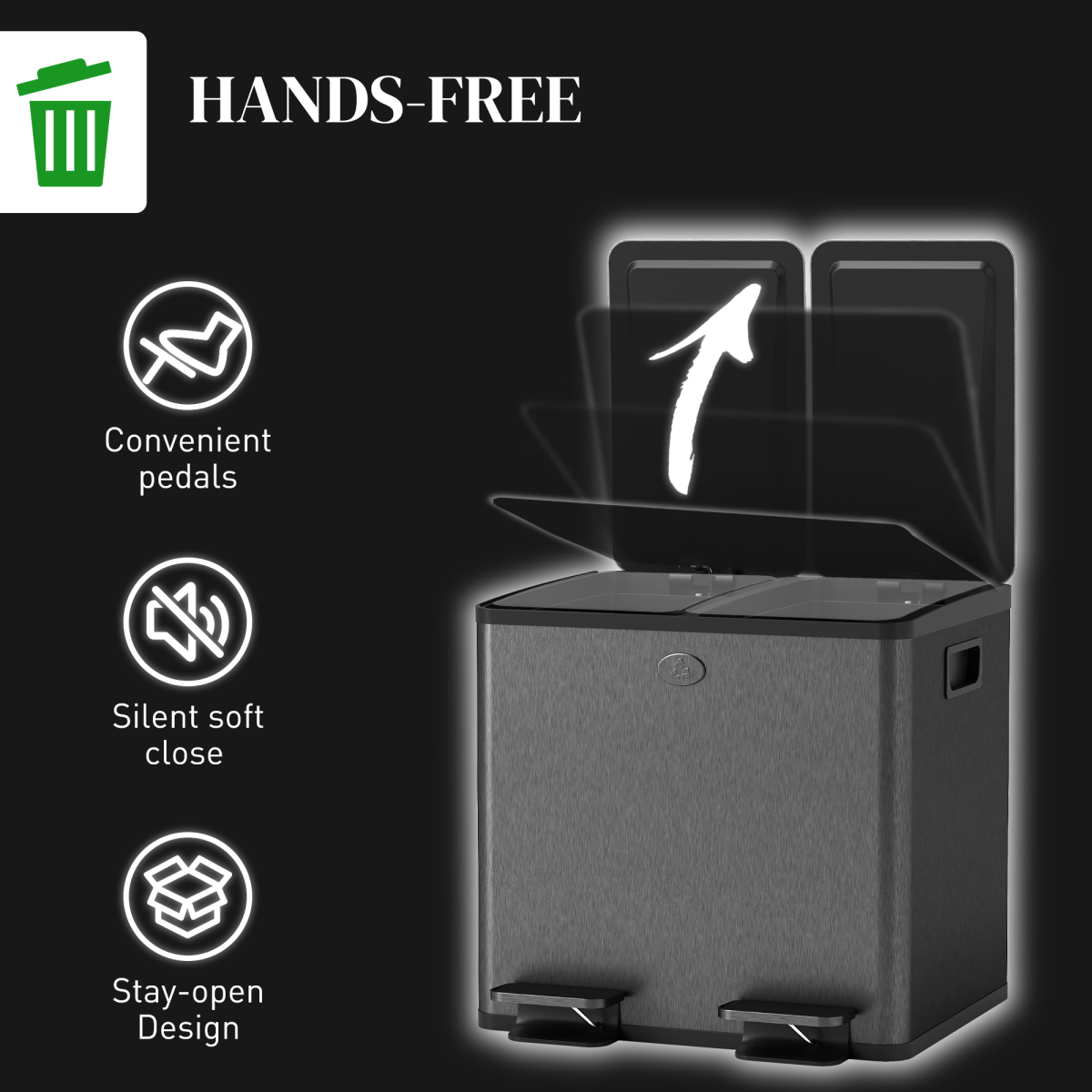 HOMCOM 2 x 15L Dual Compartment Pedal Bin for Recycling & Waste – Stainless Steel Kitchen Bin, Black