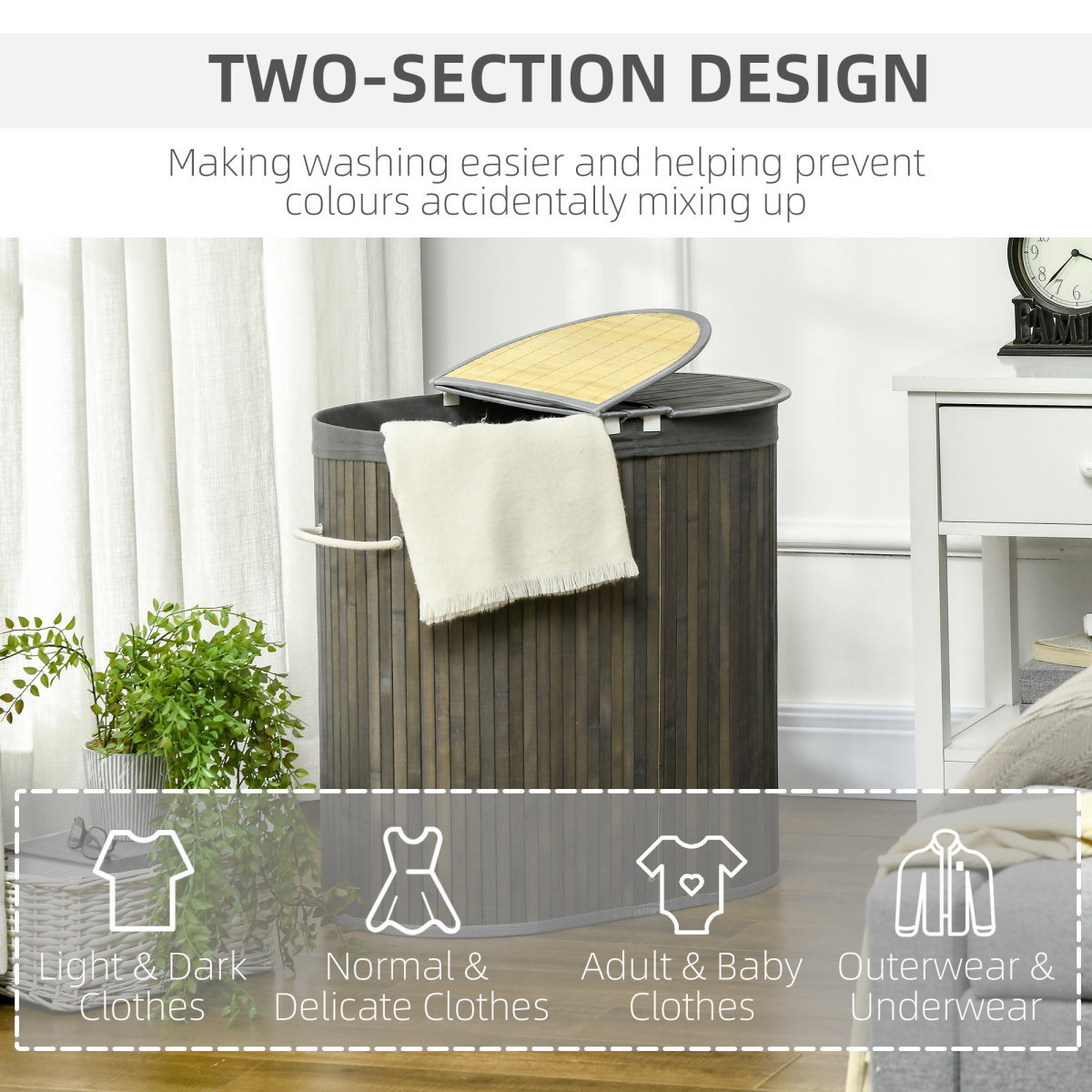 HOMCOM 100L Bamboo Laundry Basket with 2 Compartments, Lid and Removable Lining – Washing Hamper, Grey