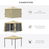 Outsunny 3 x 3m Aluminium Patio Gazebo with Mosquito Net, Four Curtains & Two-Tier Canopy Roof, Beige
