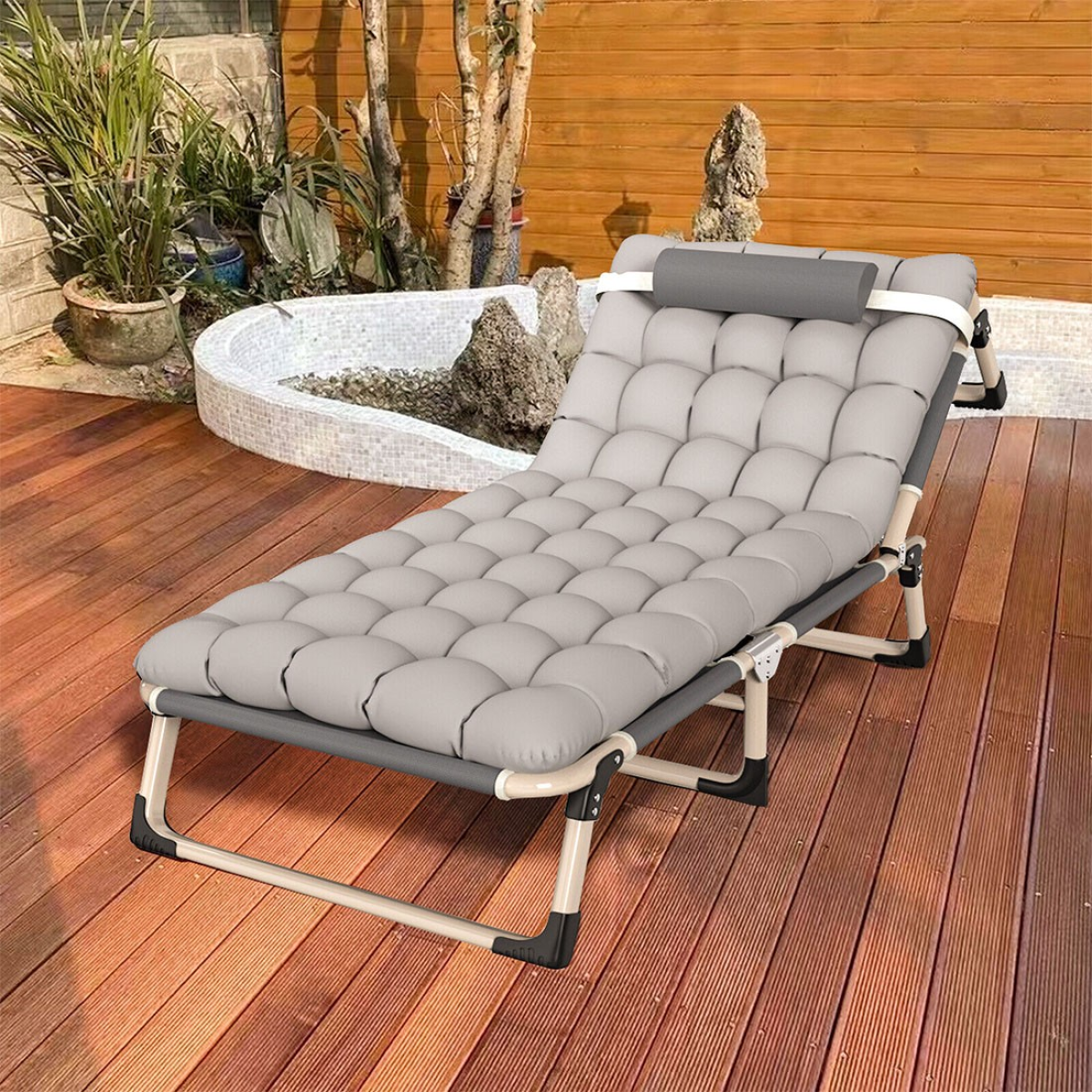 Folding Camping Bed with Cushion & Heavy Duty Steel Legs – Portable Lightweight Adult Travel Bed, Silver Grey