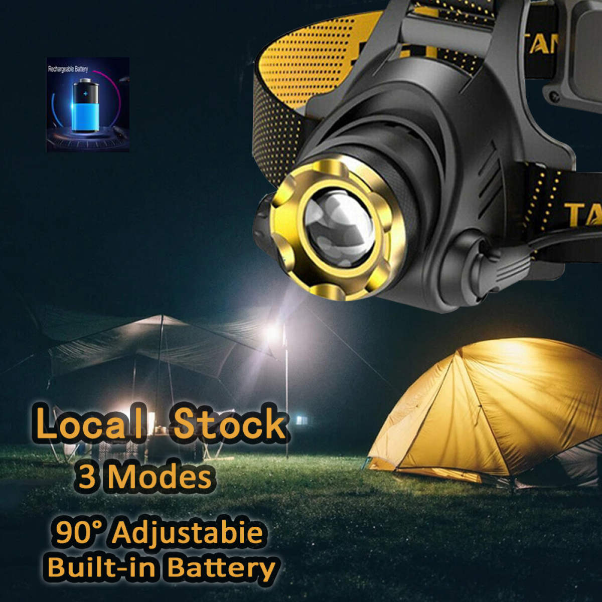 USB Rechargeable LED Headlamp with 3 Light Modes & Zoomable Beam – Camping Head Torch, Car Charger & Cable