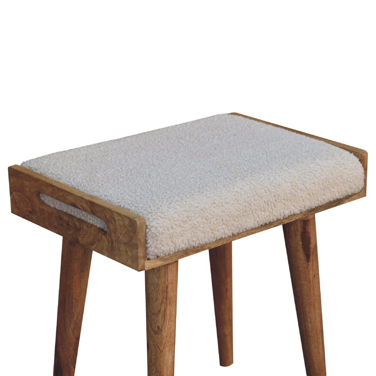 Artisan Furniture Tray-Style Footstool in Solid Mango Wood with Cotton Boucle Upholstery – Cream & Brown