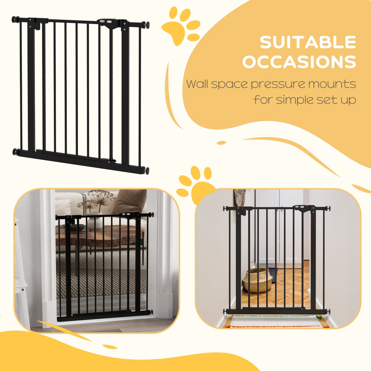 PawHut Adjustable Metal Pet Safety Gate with Extension and Auto-Close Door – Dog Barrier for Doorways, Black