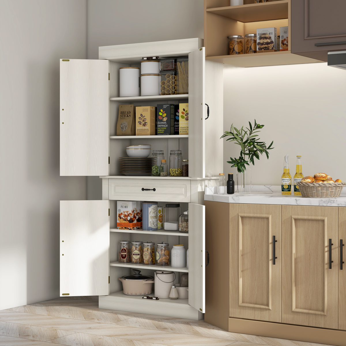 Farmhouse Kitchen Storage Cabinet with Raised Panel Doors & Antique Metal Handles – Rustic Dining Room Cupboard