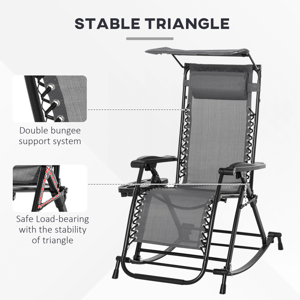 Folding Zero-Gravity Recliner Rocker with Canopy, Padded Headrest and Side Tray – Outdoor Lounge Chair, Grey