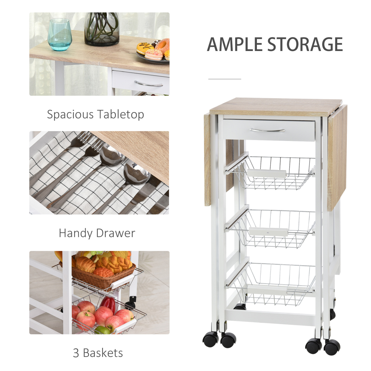 HOMCOM Extendable Drop Leaf Kitchen Island Trolley with Storage Shelves & Cabinet – White