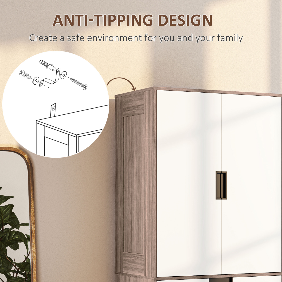 HOMCOM 2-Door Wardrobe with 3 Drawers & Hanging Rail – Bedroom Storage, Brown & White