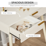 HOMCOM Modern Dressing Table with 2 Drawers and Round Mirror – Particle Board Bedroom Vanity, White