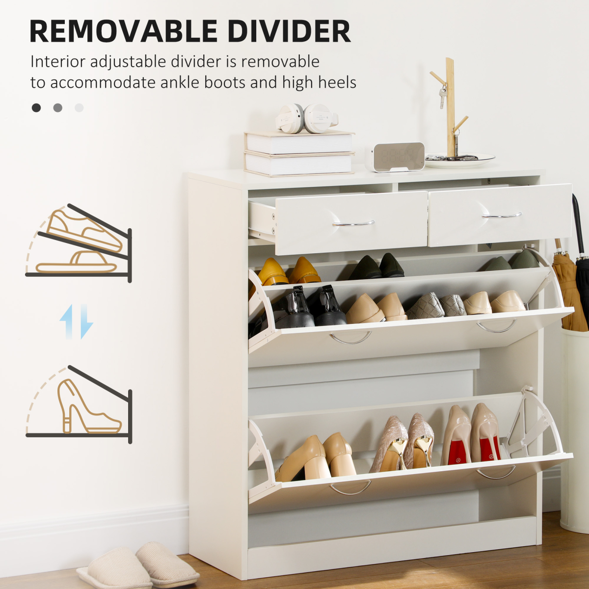 HOMCOM Slim Shoe Cabinet with 2 Flip Drawers, 12 Pairs – Tall Space-Saving Hallway Storage, White