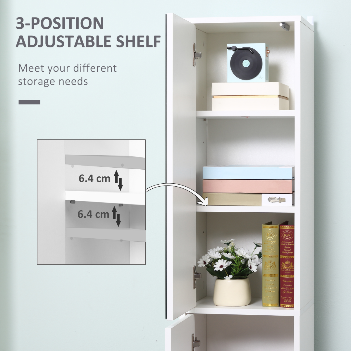 kleankin Slim Mirrored Tallboy Bathroom Cabinet with 5 Shelves – Space-Saving Storage, White