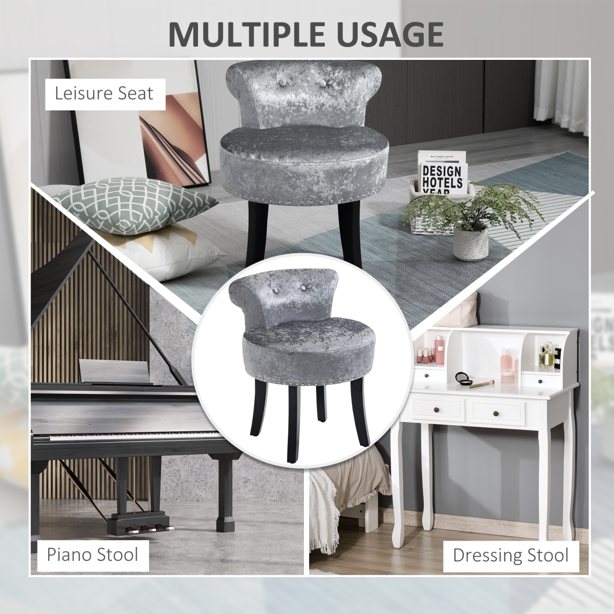 Dressing Table Stool with Padded Seat & Solid Rubberwood Legs – Compact Vanity Seat, Grey
