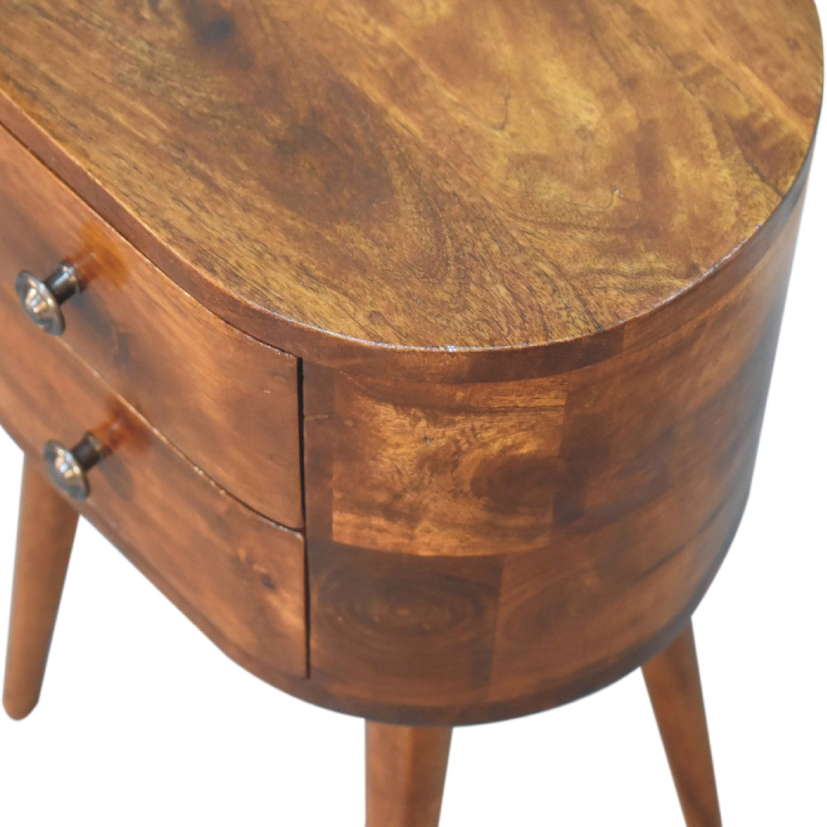 Artisan Furniture Mini Rounded Bedside Table with 2 Drawers – Solid Mango Wood, Chestnut Finish, Brown