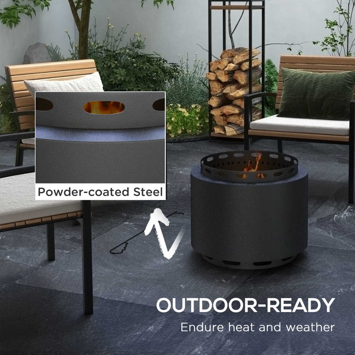Outsunny 48.5cm Smokeless Wood Burning Fire Pit with Poker – Black Metal Outdoor Fireplace for Patio & Garden