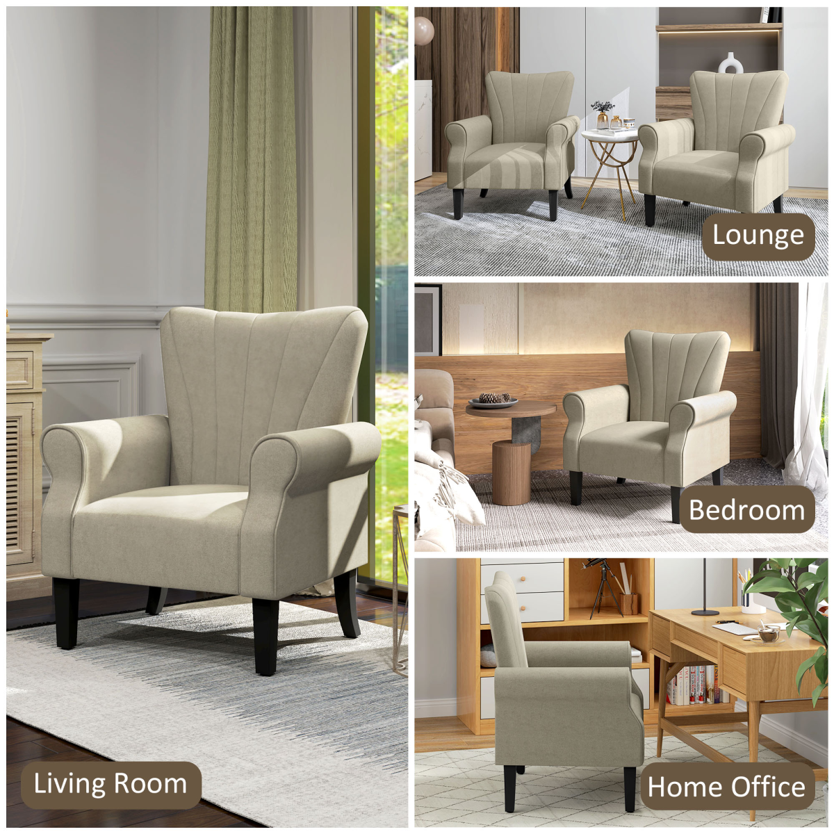HOMCOM Linen-Look Upholstered Accent Armchair with Solid Wood Legs – Living Room & Bedroom Seating, Beige
