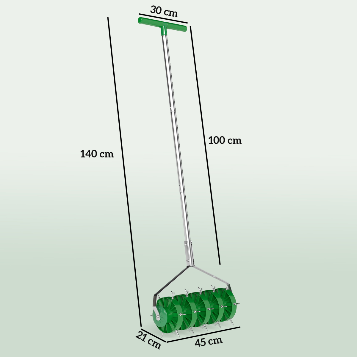 Rolling Lawn Aerator with 30 Spikes and 100 cm Handle – Spiked Roller for Healthier Soil, Dark Green