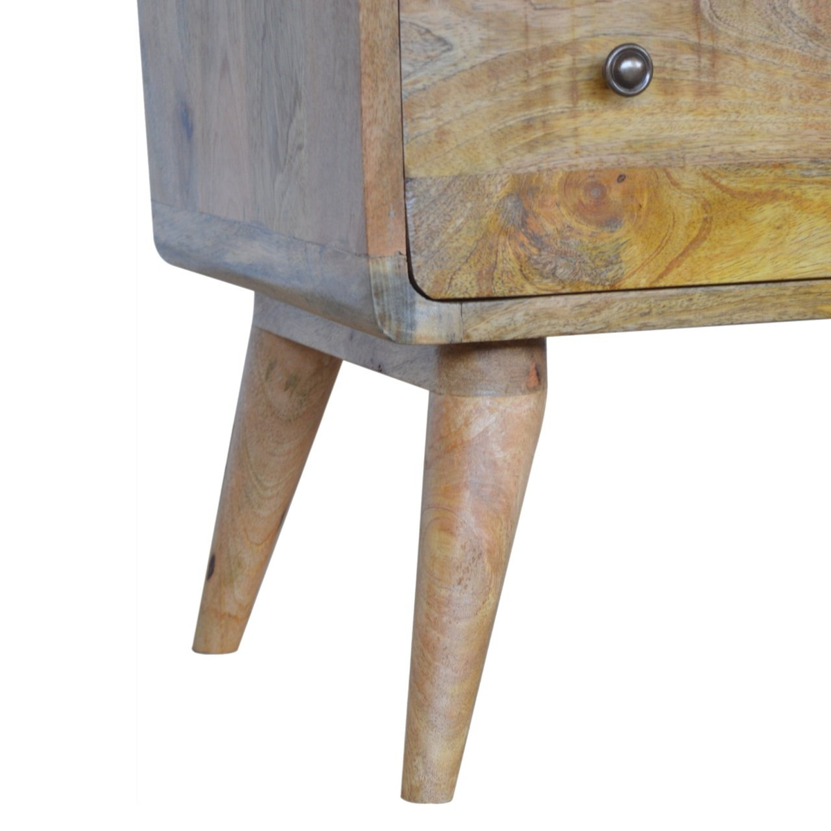 Artisan Furniture Solid Mango Wood Curved Chest of 3 Drawers with Nordic Legs – Oak-ish Finish, Light Brown