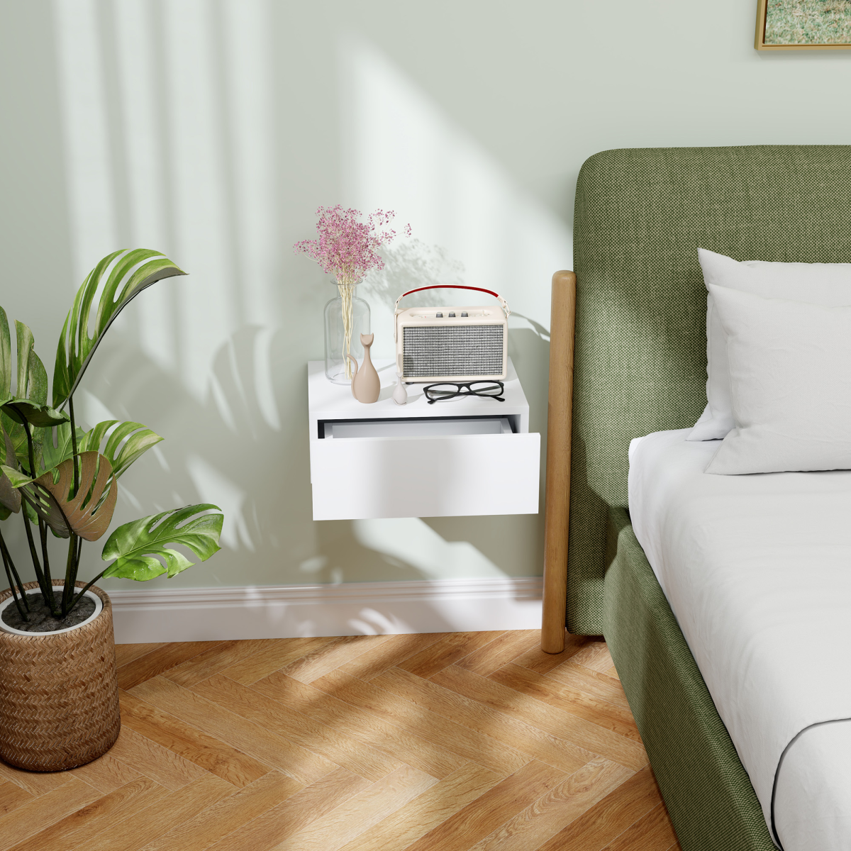 HOMCOM Floating Bedside Table with Drawer – Wall-Mounted Space-Saving Nightstand for Bedroom, White