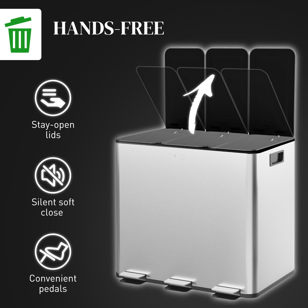 HOMCOM 3 x 15L Triple Recycling Pedal Bin with Removable Buckets – Stainless Steel Finish Kitchen Bin, Silver