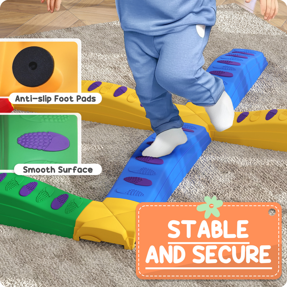AIYAPLAY 12 Piece Kids Balance Beam Stepping Stones Set with Non-Slip Foot Pads – Indoor Outdoor, Multicoloured