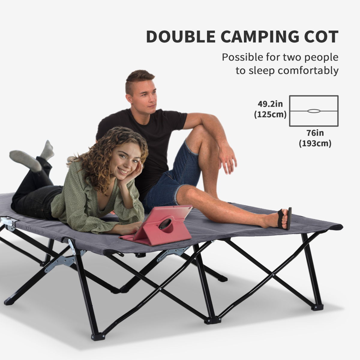Outsunny Double Folding Camping Cot with Steel Frame & Carry Bag – Portable Two-Person Camp Bed, 136kg, Grey