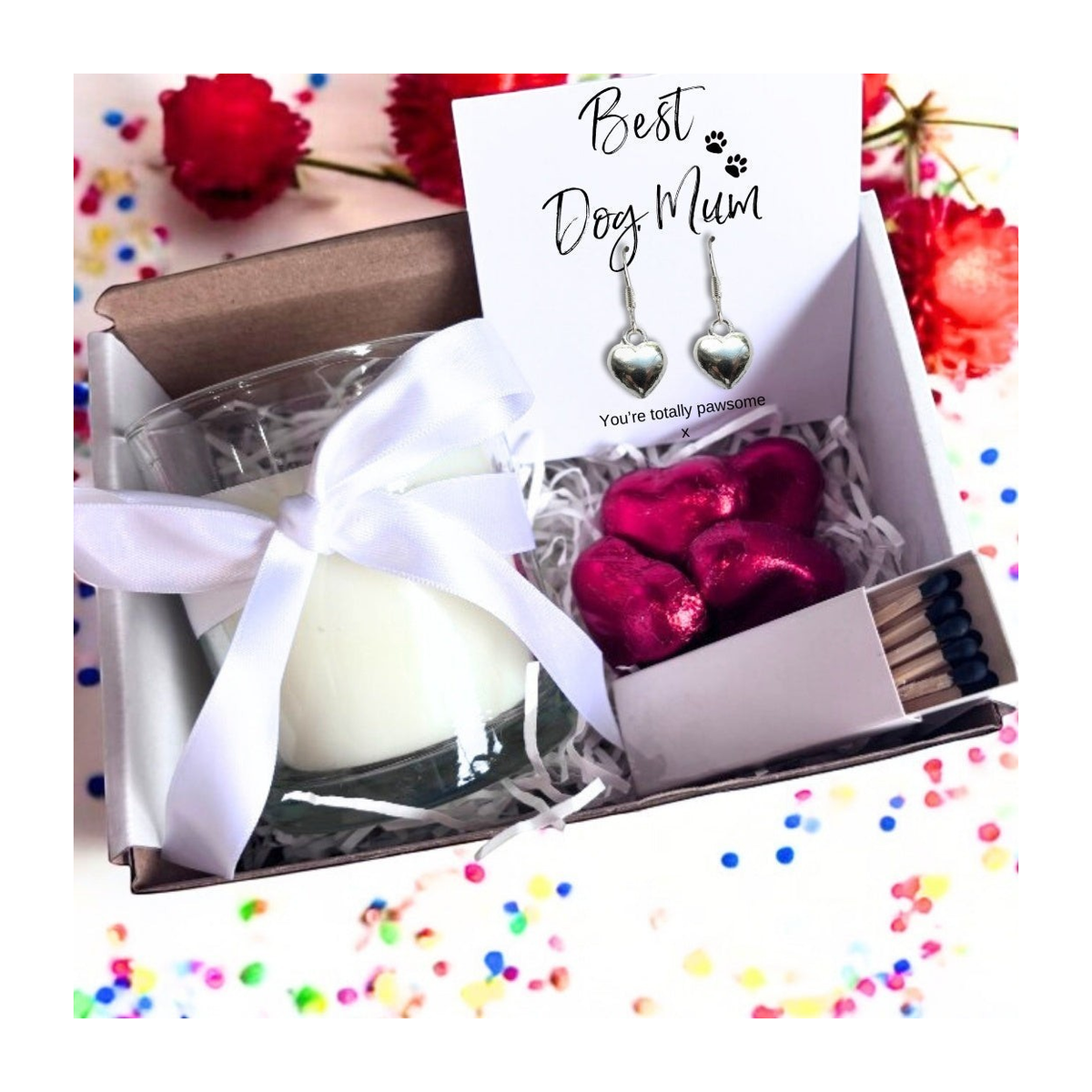 Aye Do Gifts Small Best Dog Mum Gift Hamper with Heart Earrings, Candle & Milk Chocolate Hearts