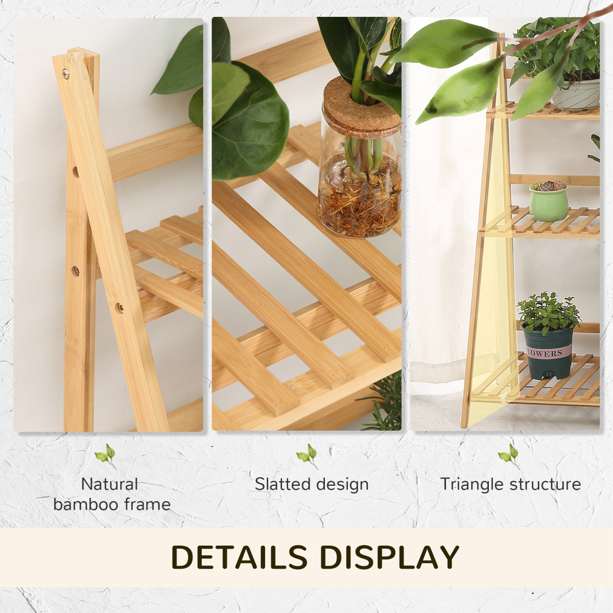 Outsunny 3-Tier Folding Bamboo Plant Stand with Slatted Shelves – Indoor & Outdoor Display Rack