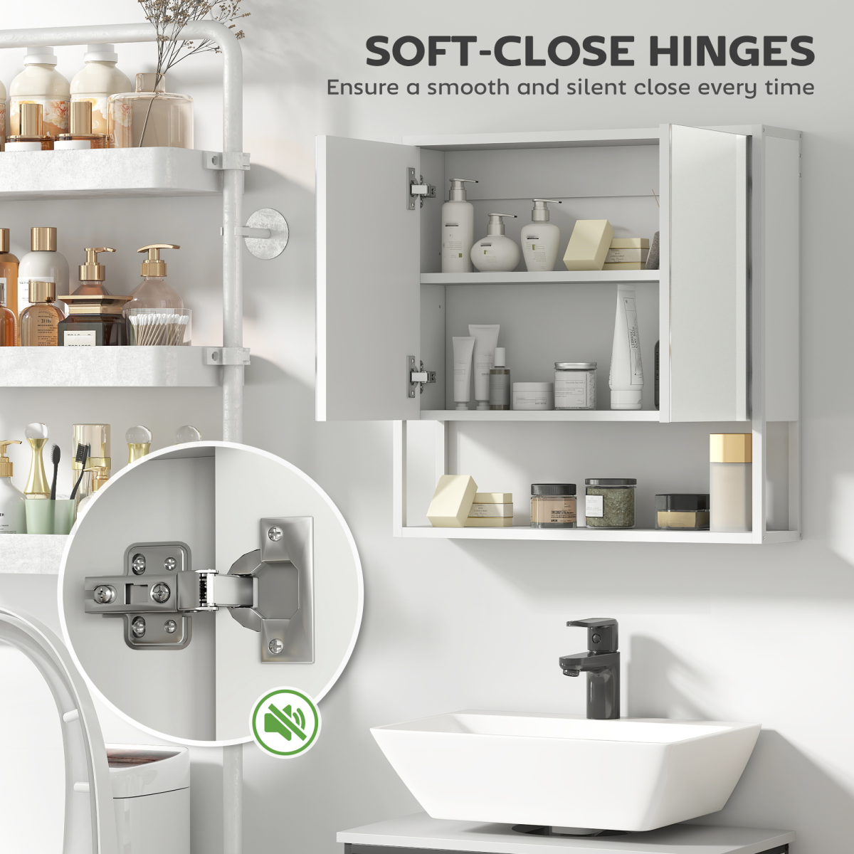 Wall Mounted Bathroom Mirror Cabinet with Soft-Close Doors & Adjustable Shelf – Storage Cupboard, White