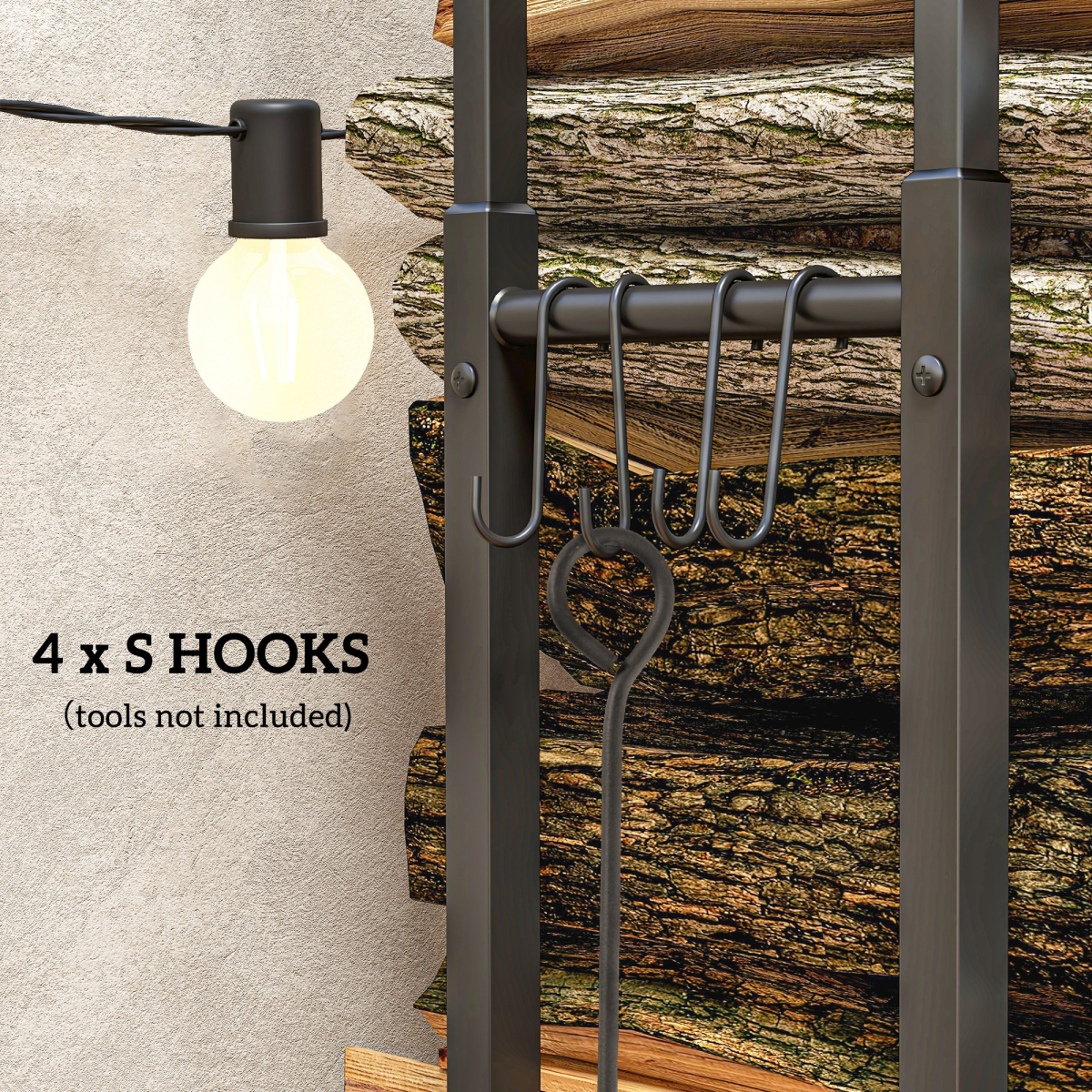 Outsunny Retractable Metal Firewood Log Holder Rack with Hooks, 100–150cm Adjustable – Black