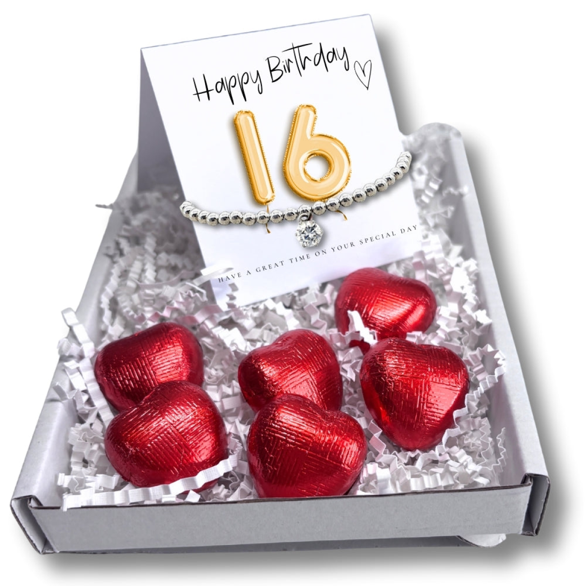 Aye Do Gifts 16th Birthday Cubic Zirconia Bracelet & Gold Balloons Mini Hamper with Milk Chocolate Hearts