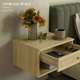 HOMCOM Floating Nightstands Set of 2 with Rattan Drawer & Storage Shelf – Wall-Mounted Bedside Tables, Natural