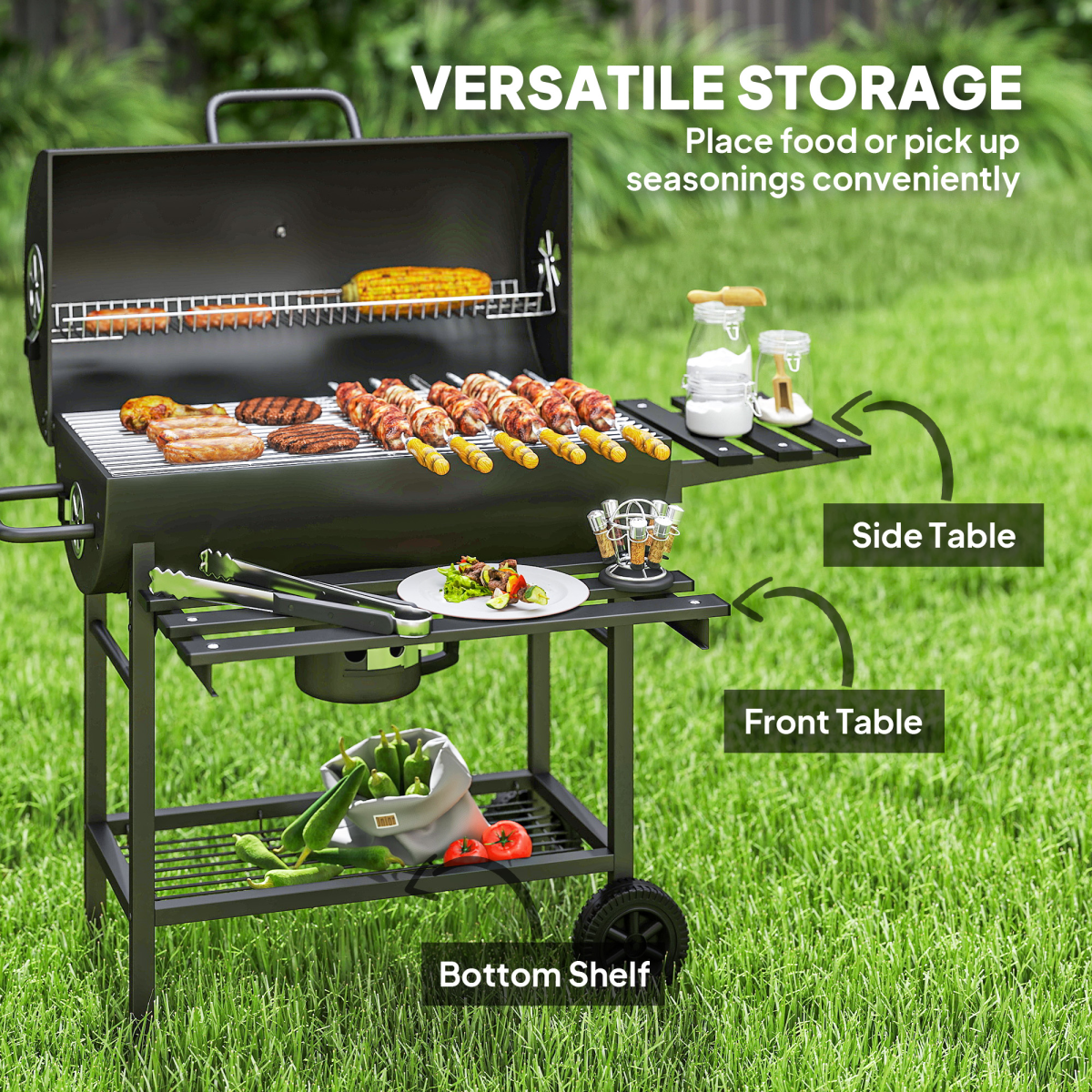 Outsunny Charcoal BBQ Grill with Warming Rack, Thermometer and Foldable Side Tables on Wheels – Garden Barbecue, Black