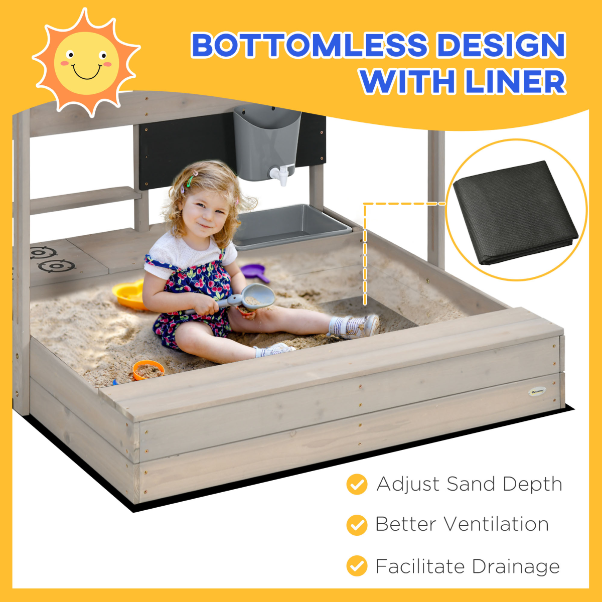 Outsunny Kids Wooden Sandbox with Canopy, Play Kitchen Accessories and Storage Shelf – Outdoor Sandpit