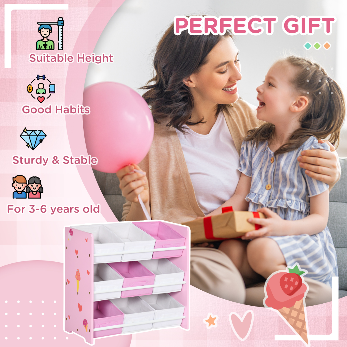 Kids Storage Unit with 9 Removable Storage Baskets for Nursery Playroom, Pink