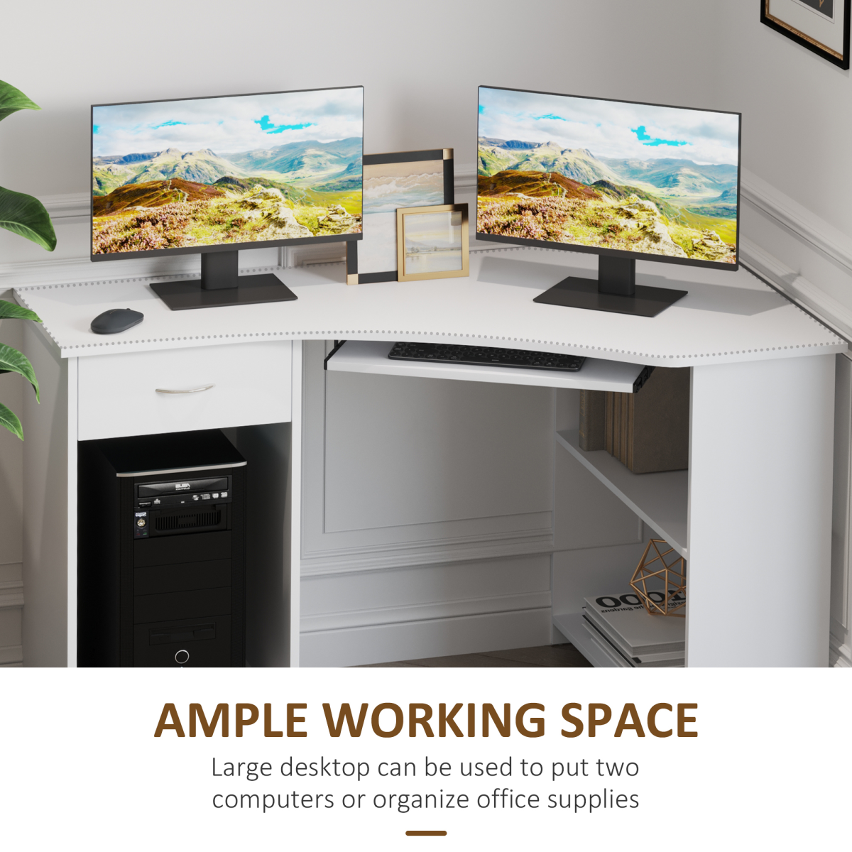 L-Shaped Corner Computer Desk with Sliding Keyboard Tray & 2 Storage Shelves – Home Office Workstation, White
