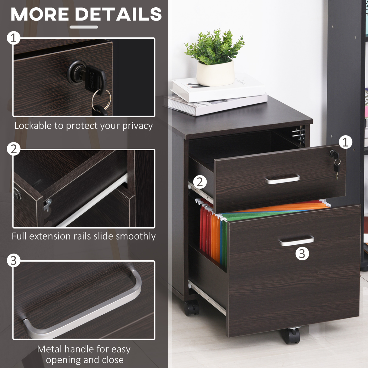 Vinsetto 2-Drawer Locking Mobile Filing Cabinet on 5 Wheels – Under-Desk Home Office Storage, Brown