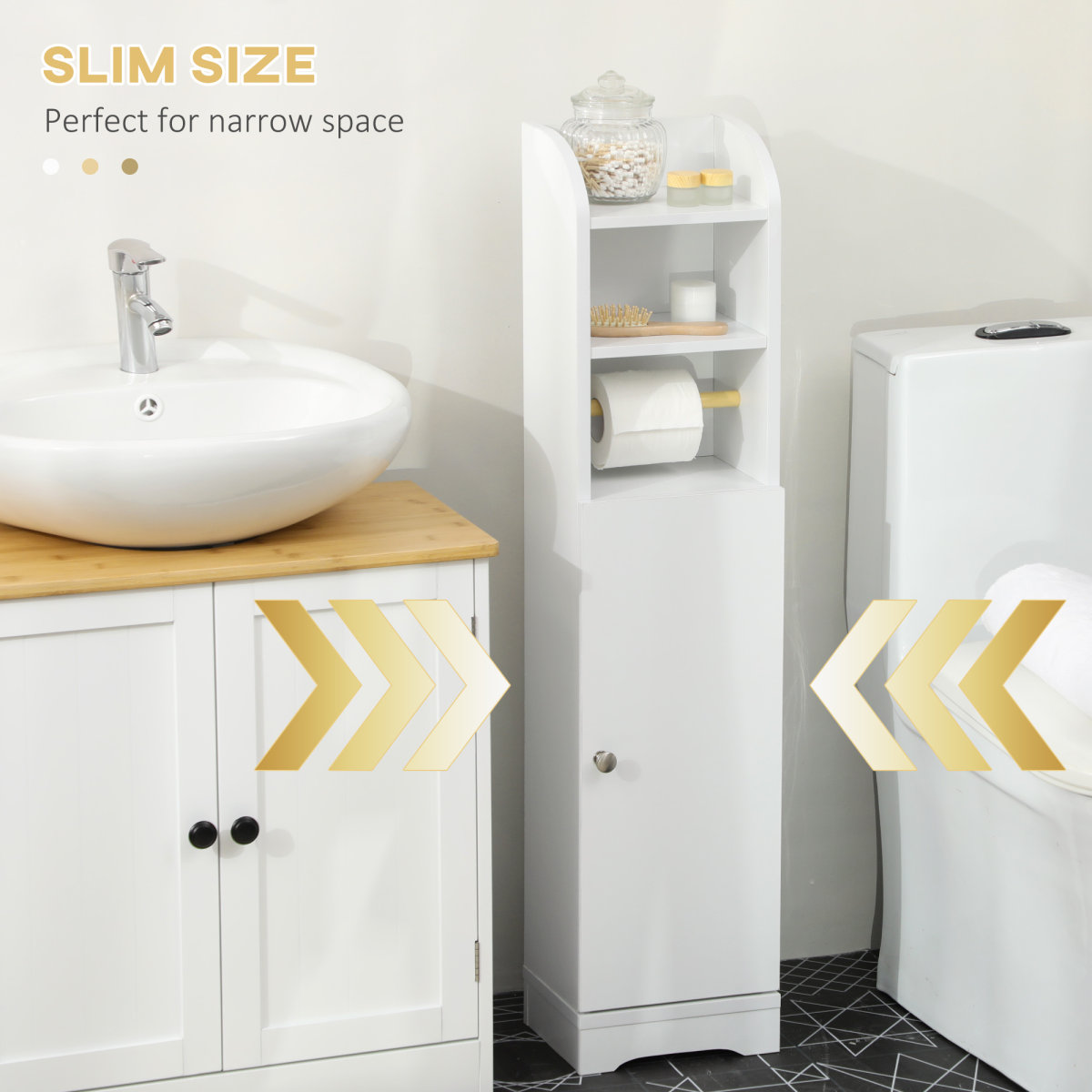 kleankin Freestanding Bathroom Storage Unit with Adjustable Shelf and Toilet Roll Holder – Slim, White