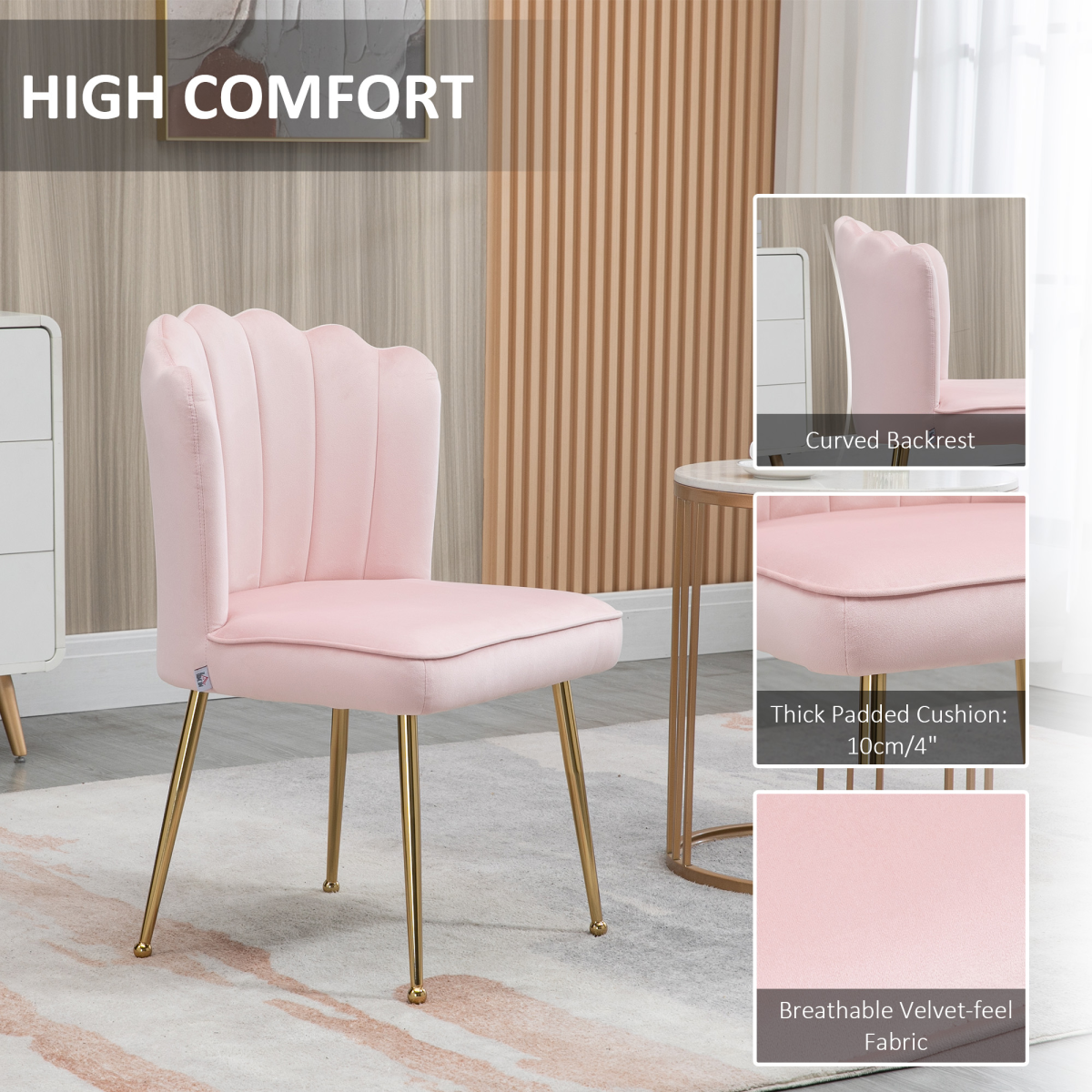 HOMCOM Velvet-Feel Shell Accent Chair with Scalloped Back & Metal Legs – Bedroom Armchair, Pink