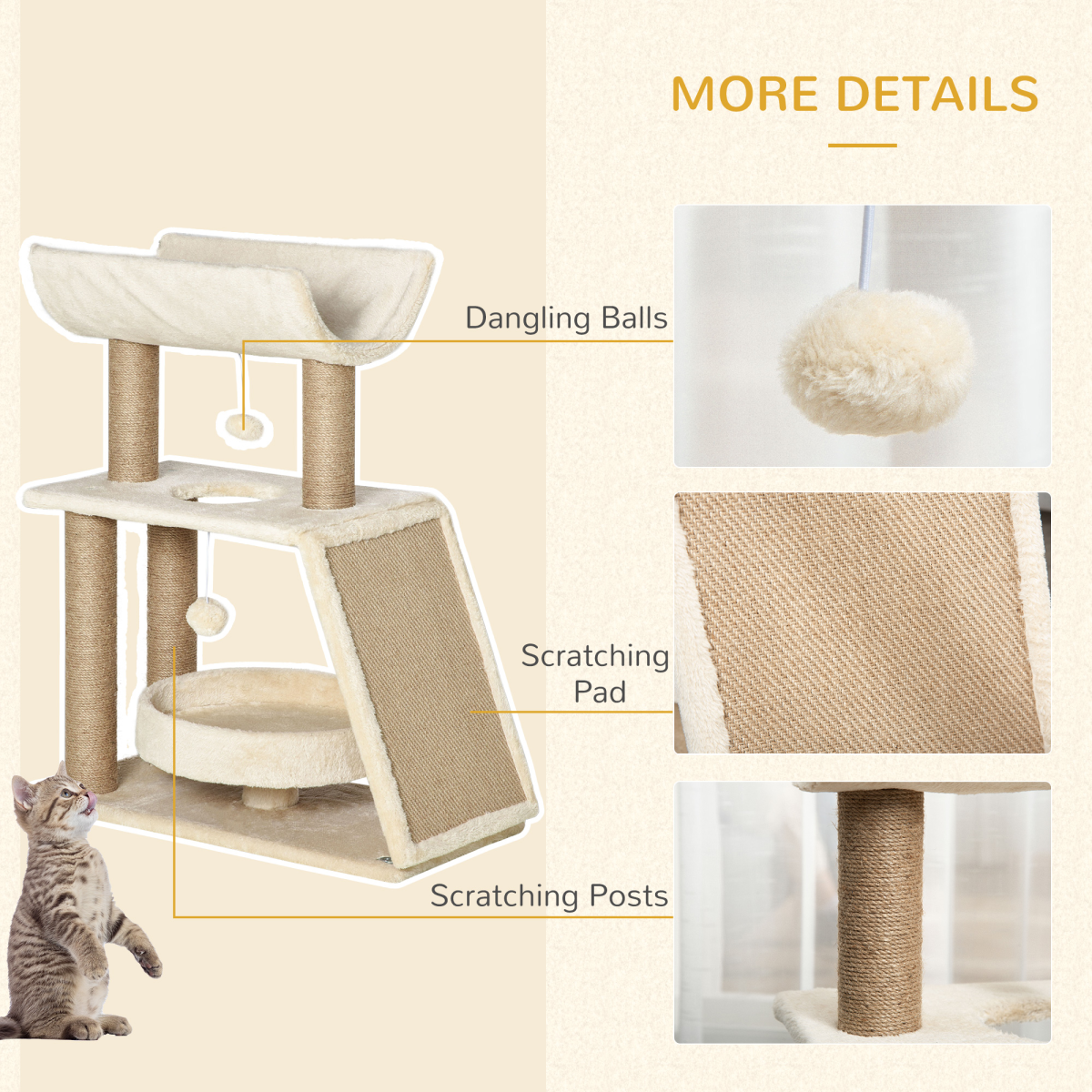 PawHut Cat Tree Kitten Tower with Scratching Post, Jute Pad, Plush Bed, U-Shape Perch & Dangling Toy Balls