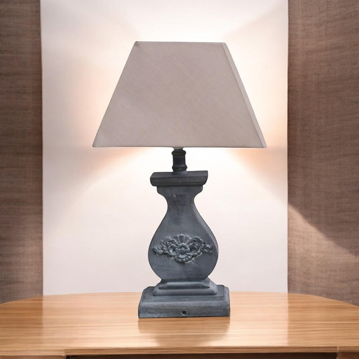 Tall Washed Wood Table Lamp with Taupe Linen Shade – Shabby Chic & Farmhouse Lighting