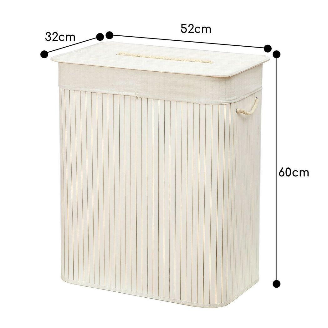 Rectangular Bamboo Laundry Basket with Lid, Divider & Rope Handles – Storage Organiser for Bathroom & Laundry Room, White