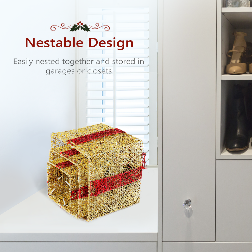 Set of 3 Golden Gift Box Christmas Decorations with Lights, 6, 8 and 10 Inch, 5M Cord – Indoor and Outdoor