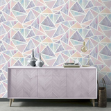 Arthouse Pastel Geo Multi Geometric Wallpaper with Glitter Highlights – Pink & Purple Marble Feature Wall
