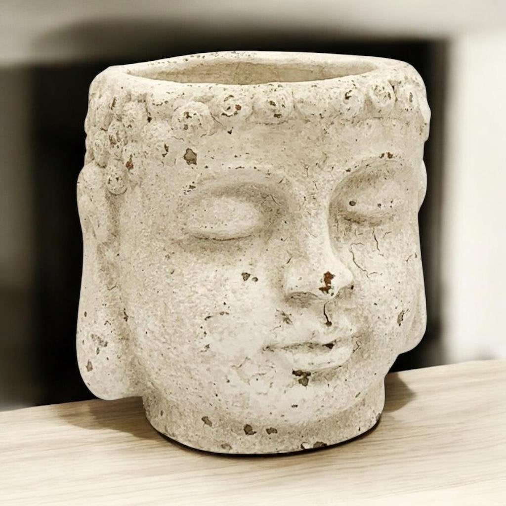 AcaciaHome 17cm Buddha Head Planter – Cement Garden Ornament for Indoor & Outdoor Use