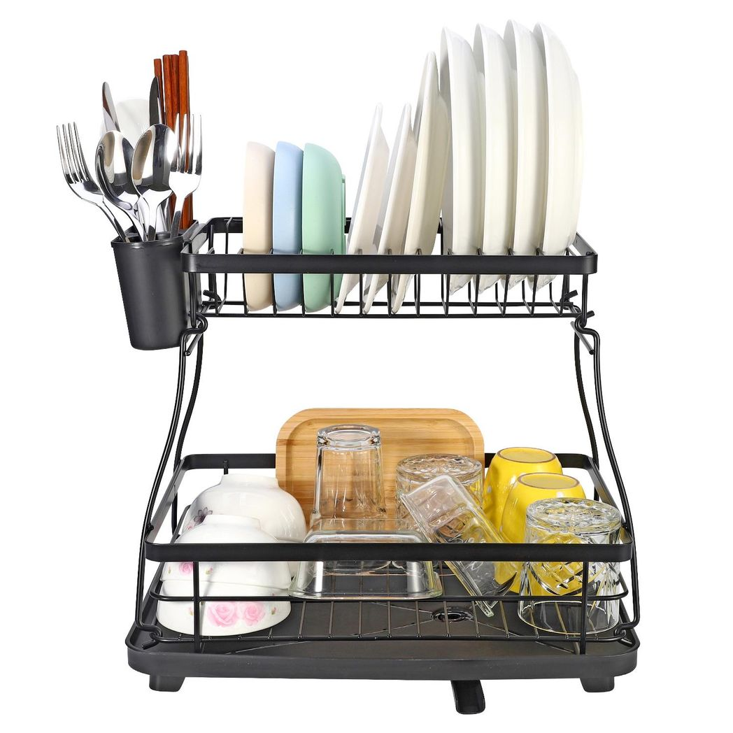 VINSANI 2-Tier Detachable Dish Drying Rack with Cutlery Holder – Space-Saving Kitchen Organiser, Black