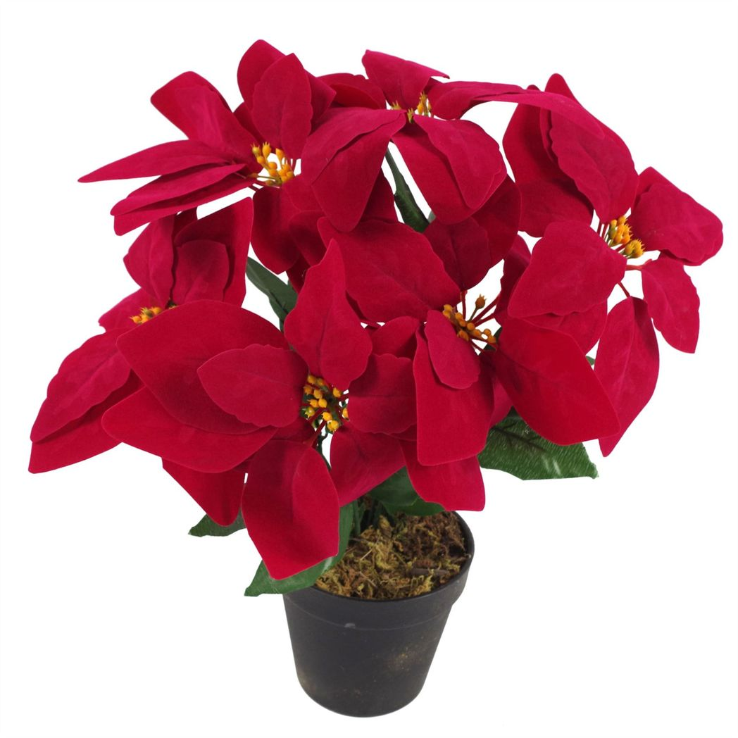 Artificial Christmas Poinsettias, Set of 3 Red Velvet-Touch Plants with Large Silver Hammered Metal Planter