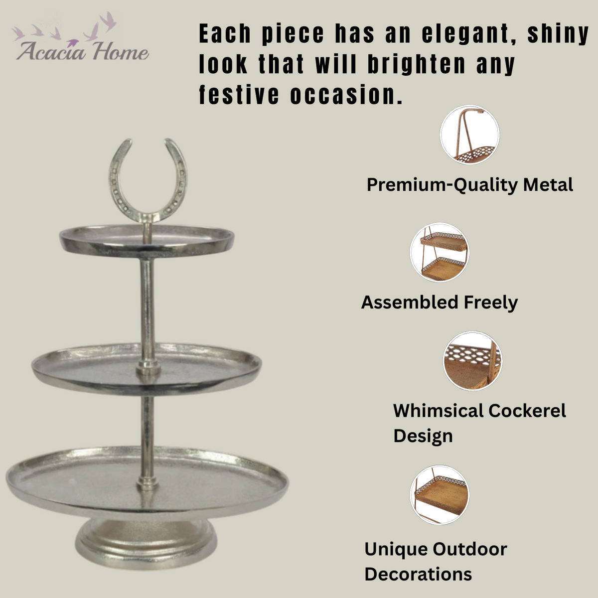 AcaciaHome Horseshoe 3-Tier Cake Stand with Glass Tiers & Nickel-Plated Frame – Art Deco Dessert Display
