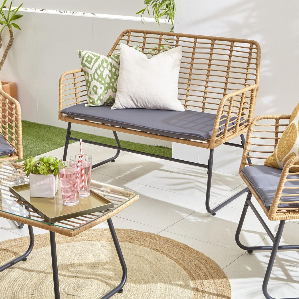 Neo Bamboo Style Rattan Garden Sofa Set with Glass Top Table and 2 Chairs, 4 Piece – Indoor & Outdoor, Grey